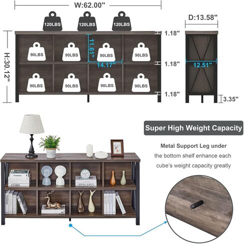 FATORRI 8 Cube Storage Organizer Bookshelf, 62 Inch Rustic Wood Horizontal Bookcase, Industrial Cube Long Book Shelf for Living Room (Walnut Brown) in Saudi Arabia