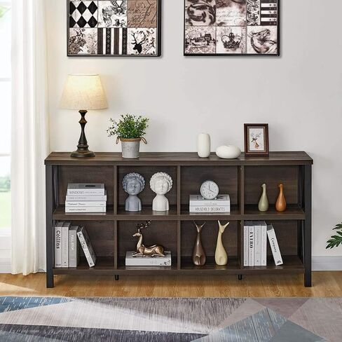 FATORRI 8 Cube Storage Organizer Bookshelf, 62 Inch Rustic Wood Horizontal Bookcase, Industrial Cube Long Book Shelf for Living Room (Walnut Brown) in Saudi Arabia