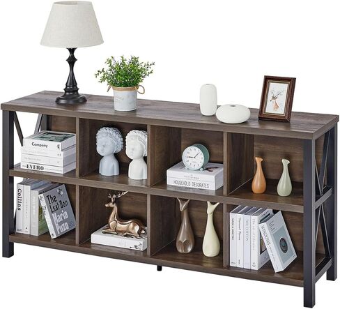 FATORRI 8 Cube Storage Organizer Bookshelf, 62 Inch Rustic Wood Horizontal Bookcase, Industrial Cube Long Book Shelf for Living Room (Walnut Brown) in Saudi Arabia