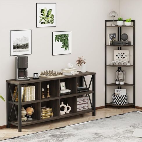 FATORRI 8 Cube Storage Organizer Bookshelf, 62 Inch Rustic Wood Horizontal Bookcase, Industrial Cube Long Book Shelf for Living Room (Walnut Brown) in Saudi Arabia