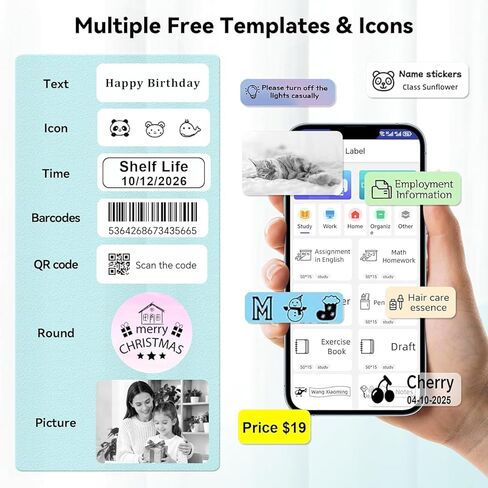 Label Maker Machine - Portable Bluetooth Mini Label Printer - Smartphone Handheld Thermal Sticker Small Labeler Multiple Templates Font Icon Inkless Custom Label for Home Kids School Items in Saudi Arabia