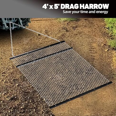 FAHKNS 4' x 5' Drag Harrow, Rust-Resistant Chain Driveway Grader with Front and Rear Ttrays, Heavy Duty Field Leveler, UTV Tractor Attachment for Landscape Leveling Gravel Driveway Farm Field Garden in Saudi Arabia