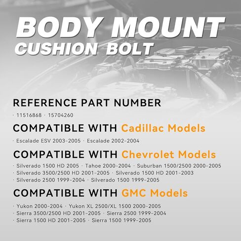 4-Pack Cab Body Assembly Mount Cushion Bolt Compatible with 1999-2005 Chevy Silverado GMC Sierra 1500 2500 3500, Suburban, Tahoe, Yukon, Cadillac Escalade, # 11516868 15704260 in Kuwait