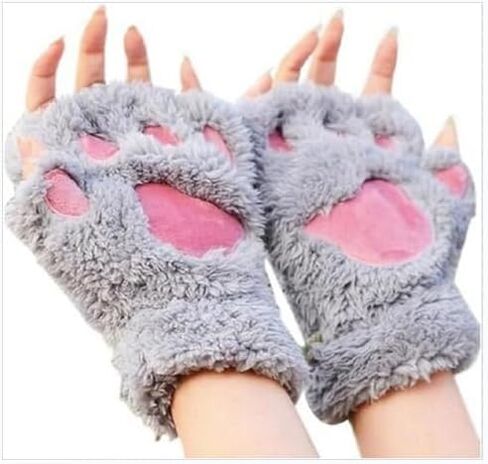 Cat Paws Gloves Winter Fluffy Plush Fingerless Mittens for Women & Teen Girls Cute Cartoon Accessories in Saudi Arabia