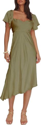 2024 Satin Cowl Neck Flutter Sleeve Midi Dress Silk Sexy Tie Back Asymmetrical Hemline Formal Long Dresses for Wedding Guest in Saudi Arabia