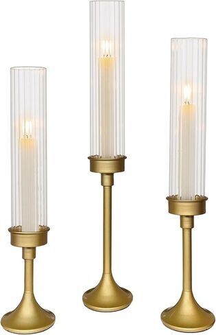 Gold Hurricane Candle Holders - Brass Candlestick Holders Set of 3 Tall Taper Candlesticks Fluted Glass Candle Stick Holder Decor for Wedding Party Christmas Mantel Dining Table Centerpieces in Saudi Arabia