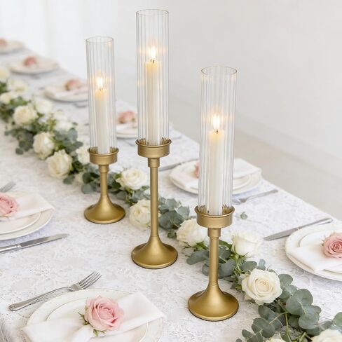 Gold Hurricane Candle Holders - Brass Candlestick Holders Set of 3 Tall Taper Candlesticks Fluted Glass Candle Stick Holder Decor for Wedding Party Christmas Mantel Dining Table Centerpieces in Saudi Arabia