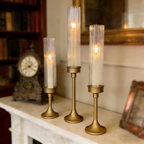 Gold Hurricane Candle Holders - Brass Candlestick Holders Set of 3 Tall Taper Candlesticks Fluted Glass Candle Stick Holder Decor for Wedding Party Christmas Mantel Dining Table Centerpieces in Saudi Arabia