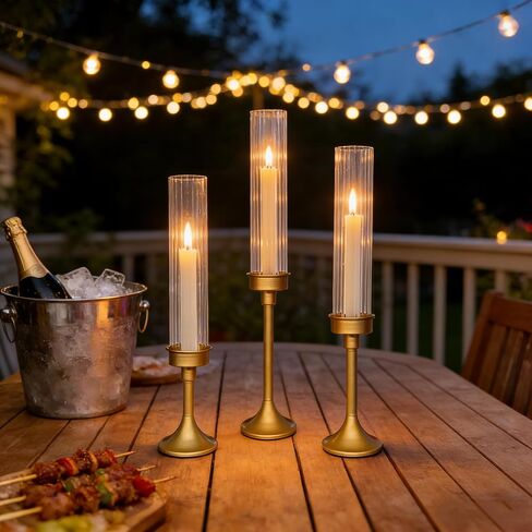 Gold Hurricane Candle Holders - Brass Candlestick Holders Set of 3 Tall Taper Candlesticks Fluted Glass Candle Stick Holder Decor for Wedding Party Christmas Mantel Dining Table Centerpieces in Saudi Arabia
