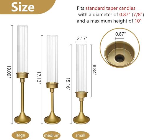 Gold Hurricane Candle Holders - Brass Candlestick Holders Set of 3 Tall Taper Candlesticks Fluted Glass Candle Stick Holder Decor for Wedding Party Christmas Mantel Dining Table Centerpieces in Saudi Arabia