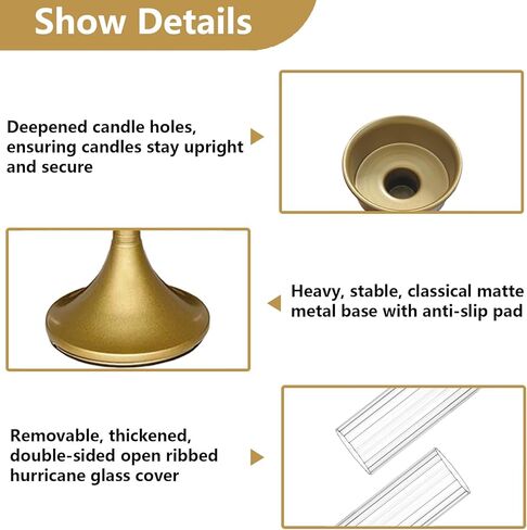 Gold Hurricane Candle Holders - Brass Candlestick Holders Set of 3 Tall Taper Candlesticks Fluted Glass Candle Stick Holder Decor for Wedding Party Christmas Mantel Dining Table Centerpieces in Saudi Arabia