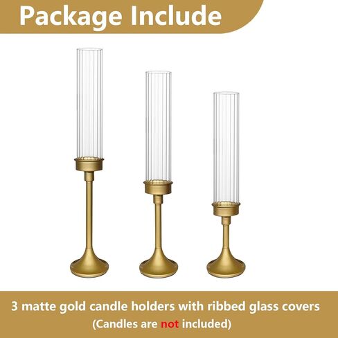 Gold Hurricane Candle Holders - Brass Candlestick Holders Set of 3 Tall Taper Candlesticks Fluted Glass Candle Stick Holder Decor for Wedding Party Christmas Mantel Dining Table Centerpieces in Saudi Arabia
