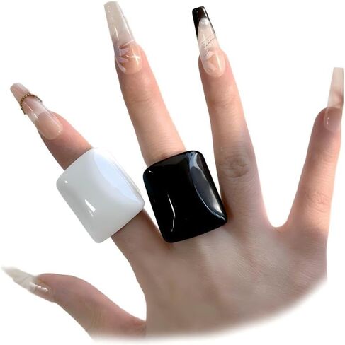 2Pcs Black and White Chunky Square Acrylic Ring Set, Stacked Bohemia Sky Blue Wide Resin Rings for Women Trendy Simple Oversized Statement Jewelry Gift in Saudi Arabia