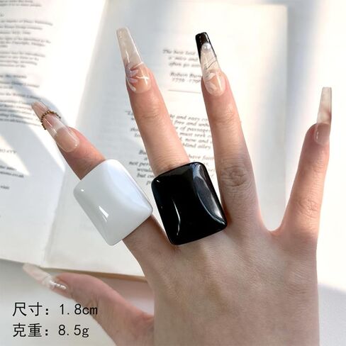2Pcs Black and White Chunky Square Acrylic Ring Set, Stacked Bohemia Sky Blue Wide Resin Rings for Women Trendy Simple Oversized Statement Jewelry Gift in Saudi Arabia