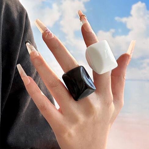 2Pcs Black and White Chunky Square Acrylic Ring Set, Stacked Bohemia Sky Blue Wide Resin Rings for Women Trendy Simple Oversized Statement Jewelry Gift in Saudi Arabia