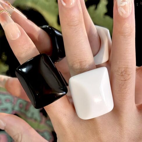 2Pcs Black and White Chunky Square Acrylic Ring Set, Stacked Bohemia Sky Blue Wide Resin Rings for Women Trendy Simple Oversized Statement Jewelry Gift in Saudi Arabia