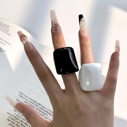 2Pcs Black and White Chunky Square Acrylic Ring Set, Stacked Bohemia Sky Blue Wide Resin Rings for Women Trendy Simple Oversized Statement Jewelry Gift in Saudi Arabia