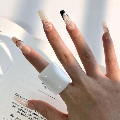 2Pcs Black and White Chunky Square Acrylic Ring Set, Stacked Bohemia Sky Blue Wide Resin Rings for Women Trendy Simple Oversized Statement Jewelry Gift in Saudi Arabia
