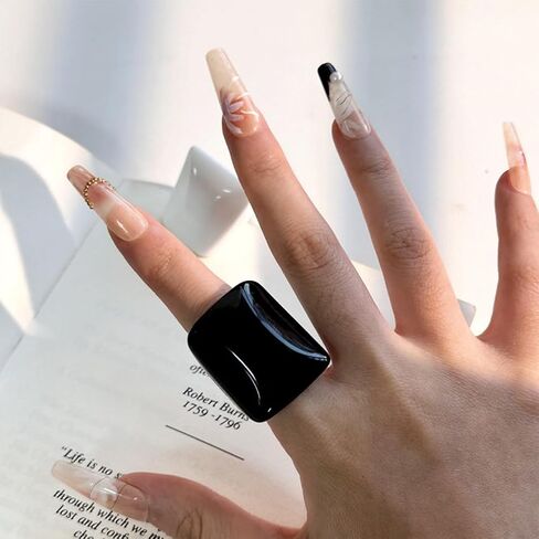 2Pcs Black and White Chunky Square Acrylic Ring Set, Stacked Bohemia Sky Blue Wide Resin Rings for Women Trendy Simple Oversized Statement Jewelry Gift in Saudi Arabia
