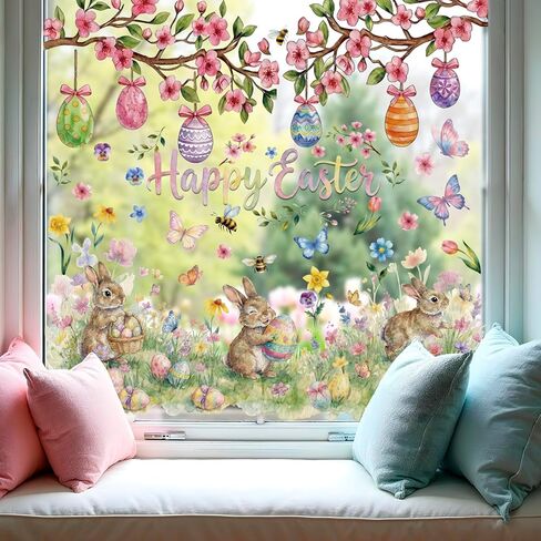 Xzentira 6 ورقات نافذة عيد الفصح تلتصق بنافذة شجرة بيض الأرنب لتزيين حفلات عيد الفصح وإعدادات أحداث الربيع وديكورات نوافذ المكتب in Kuwait
