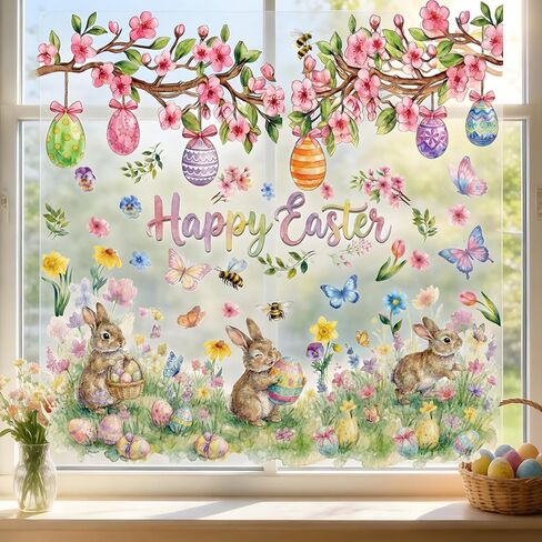 Xzentira 6 ورقات نافذة عيد الفصح تلتصق بنافذة شجرة بيض الأرنب لتزيين حفلات عيد الفصح وإعدادات أحداث الربيع وديكورات نوافذ المكتب in Kuwait
