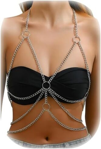 Simple Metal Chunky Bra Body Chain Jewelry Sexy Crossover Harness Chest Chain Summer Beach Bikini Multi-layered Waist Chain Body Jewelry for Women in Saudi Arabia