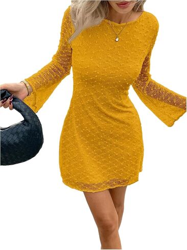 Floerns Women's Mesh Long Sleeve Mini Dress Crew Neck Graduation Party Bodycon Dress in Saudi Arabia