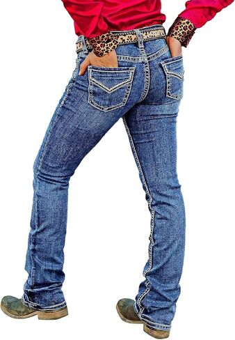 بنطال جينز Flamingals Bootcut للنساء بخصر متوسط ​​وقصة ضيقة وتفاصيل غرز وجيوب مرقعة، جينز بدون حزام in Saudi Arabia