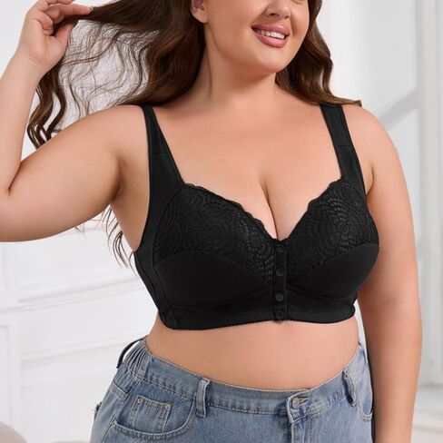 Front Closure Bra for Women, Full Coverage Wireless Padded Bra with Lace Detail, Plus Size Support Bra for Seniors in Saudi Arabia