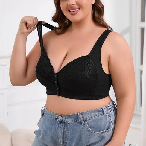 Front Closure Bra for Women, Full Coverage Wireless Padded Bra with Lace Detail, Plus Size Support Bra for Seniors in Saudi Arabia