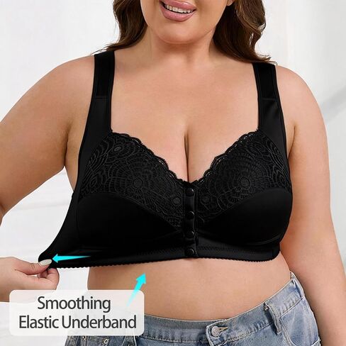 Front Closure Bra for Women, Full Coverage Wireless Padded Bra with Lace Detail, Plus Size Support Bra for Seniors in Saudi Arabia