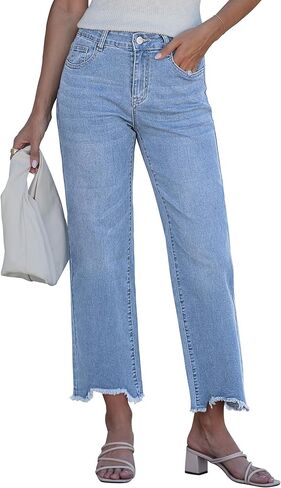 luvamia Straight Leg Jeans for Women Cropped Trendy Mid Rise Baggy Loose Distressed Casual Raw Hem Stretchy Denim Pants in Saudi Arabia