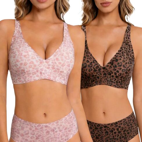 2-Pack Wireless Push-Up Bra Deep V Adjustable Straps, Daily Comfort Leopard Print in Saudi Arabia