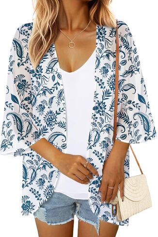 Women Floral Print Puff Sleeve Kimono Cardigan Loose Swimsuit Beach Cover Up Casual Blouse Summer Tops Capes in Saudi Arabia