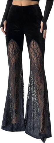 OYOANGLE Women's Floral Lace Mesh Bell Bottom Pants Elastic Waist Patchwork Flare Pants Party Clubwear in Saudi Arabia