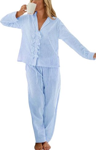 Womens Striped Pajama Set Bow Tie Front Cute Pj Set Long Sleeve Shirt and Wide Leg Comfy Lounge Set in Saudi Arabia