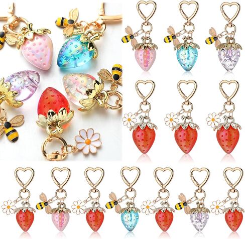Nosiny 16 Pack Cute Strawberry Keychains Kawaii Bag Charms with Daisy Flower Bee Heart Pendants Resin Fruit Key Chains for Women Girls Purse Backpack Accessories Party Favors Gifts in Saudi Arabia