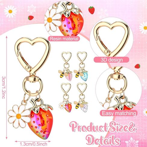 Nosiny 16 Pack Cute Strawberry Keychains Kawaii Bag Charms with Daisy Flower Bee Heart Pendants Resin Fruit Key Chains for Women Girls Purse Backpack Accessories Party Favors Gifts in Saudi Arabia