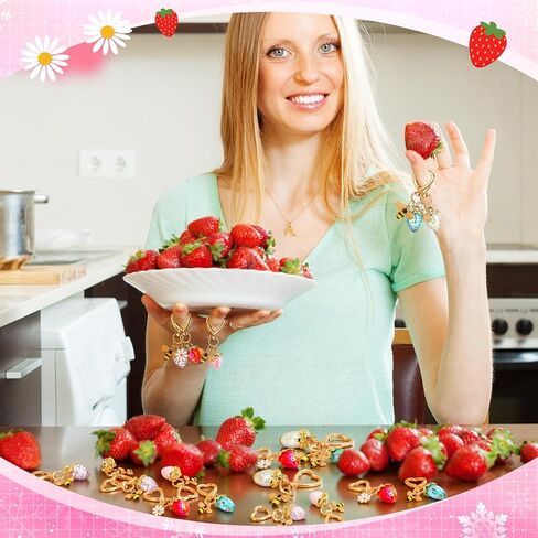Nosiny 16 Pack Cute Strawberry Keychains Kawaii Bag Charms with Daisy Flower Bee Heart Pendants Resin Fruit Key Chains for Women Girls Purse Backpack Accessories Party Favors Gifts in Saudi Arabia