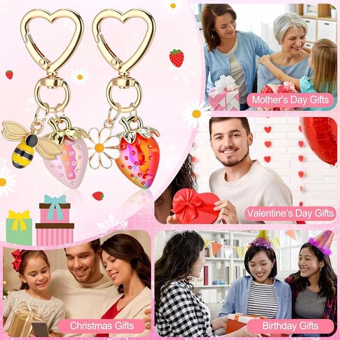 Nosiny 16 Pack Cute Strawberry Keychains Kawaii Bag Charms with Daisy Flower Bee Heart Pendants Resin Fruit Key Chains for Women Girls Purse Backpack Accessories Party Favors Gifts in Saudi Arabia