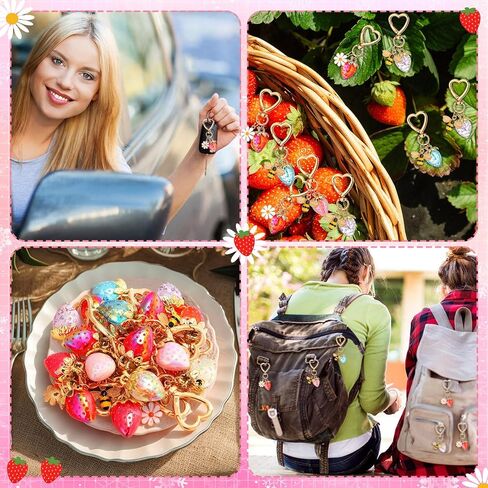 Nosiny 16 Pack Cute Strawberry Keychains Kawaii Bag Charms with Daisy Flower Bee Heart Pendants Resin Fruit Key Chains for Women Girls Purse Backpack Accessories Party Favors Gifts in Saudi Arabia