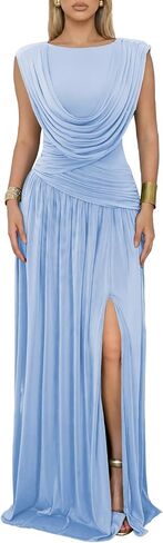 Women's Convertible Cowl Neck Maxi Dress Sleeveless Ruched Mesh Bridesmaid Wedding Guest Cocktail Evening Dresses in Kuwait