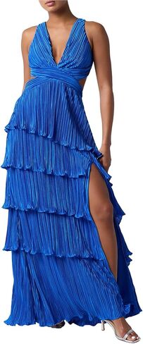 فستان Lulus Mulholland Cutout Plisse Maxi: فستان سهرة بفتحة رقبة على شكل حرف V، فستان حفلات الكوكتيل، فستان رسمي وحفلة موسيقية in Kuwait