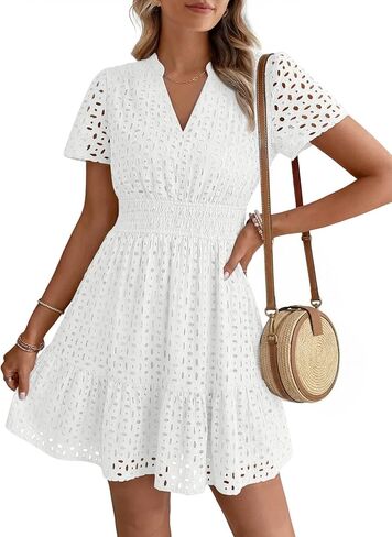 LILLUSORY Womens 2026 Summer Dress Mini V Neck A Line Hollow Out Lace Spring Cute Casual Beach Vacation Outfits Party Dresses in Saudi Arabia