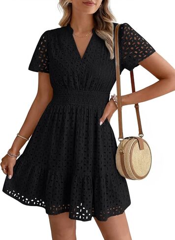 LILLUSORY Womens 2026 Summer Dress Mini V Neck A Line Hollow Out Lace Spring Cute Casual Beach Vacation Outfits Party Dresses in Saudi Arabia