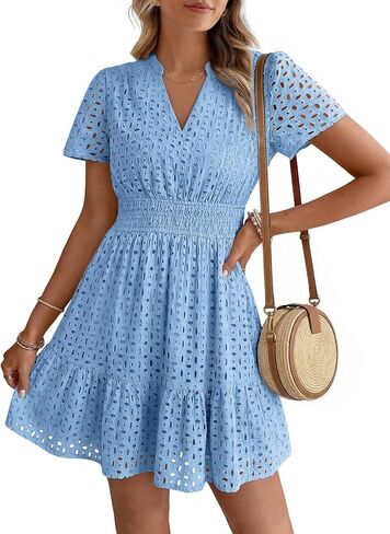 LILLUSORY Womens 2026 Summer Dress Mini V Neck A Line Hollow Out Lace Spring Cute Casual Beach Vacation Outfits Party Dresses in Saudi Arabia