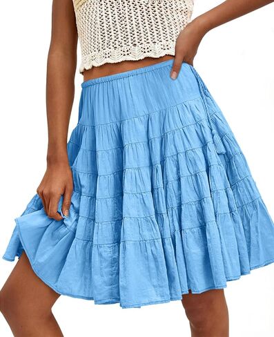 Cicy Bell Womens Summer Pleated Skirts Boho Layered Tiered Low Rise Knee Length Skirt Flowy Beach Vacation Outfits in Saudi Arabia