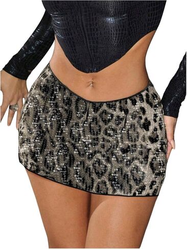 MakeMeChic Women's Leopard Cheetah Print Sequin Mini Skirt Glitter Short Skirts Party Club Outfits in Saudi Arabia