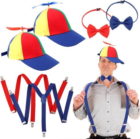 MAYIT 2 Pcs Adult Propeller Hat Rainbow Nerd Silly Swirly Cap Helicopter Top Clown Hats， Adjustable Elastic Y Back Style Suspenders and Bow Tie for Adults Men Women Halloween Costume Party in Kuwait