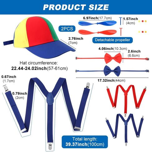 MAYIT 2 Pcs Adult Propeller Hat Rainbow Nerd Silly Swirly Cap Helicopter Top Clown Hats， Adjustable Elastic Y Back Style Suspenders and Bow Tie for Adults Men Women Halloween Costume Party in Kuwait